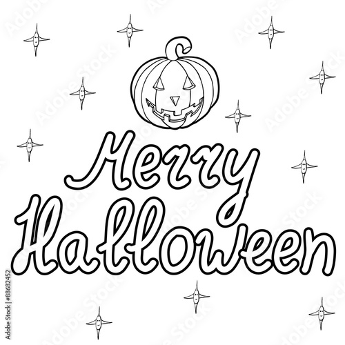 Cartoon pumpkin and words merry halloween isolated on white back