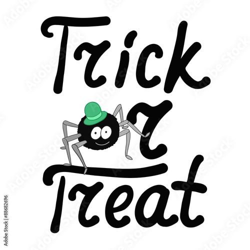 Cartoon black spider and word trick or treat isolated on white b