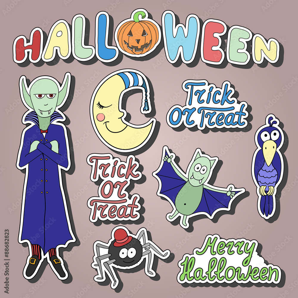 Set of cartoon halloween characters and words with shadows