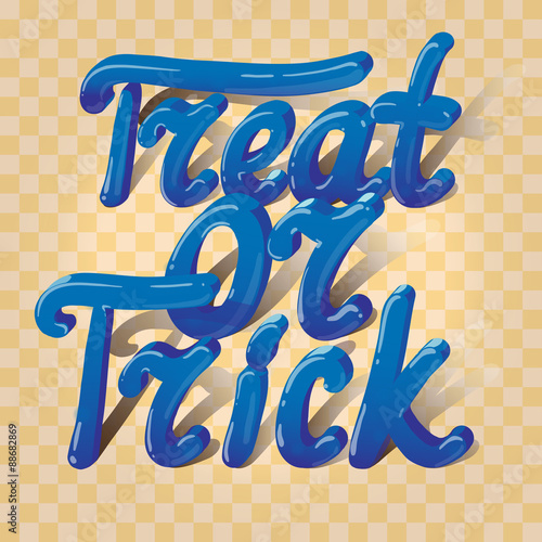 Cartoon volumetric words trick or treat on plaid background