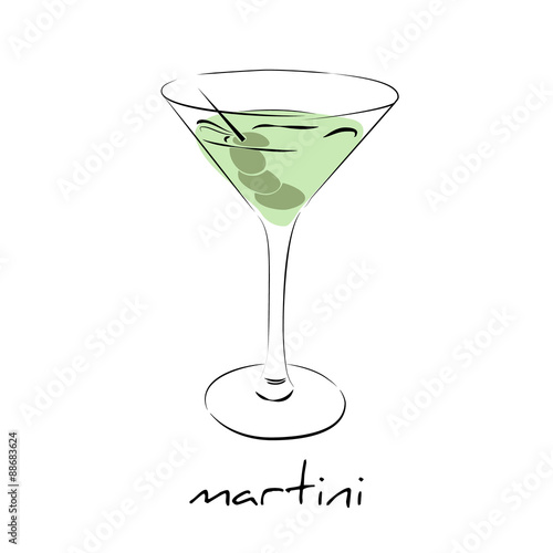 Dry martini cocktail with olives in glass. Wine icon isolated. 