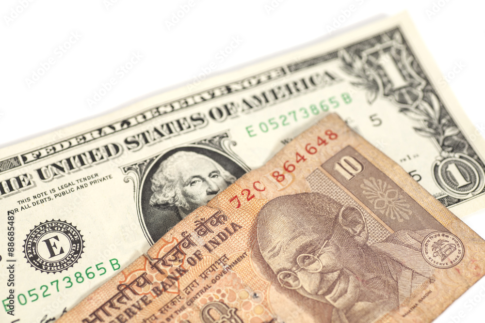 American dollars and Indian rupee banknote
