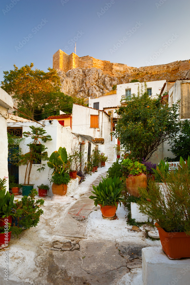 Acropolis as seen from the streets of Anafiotika, Athens, Greece