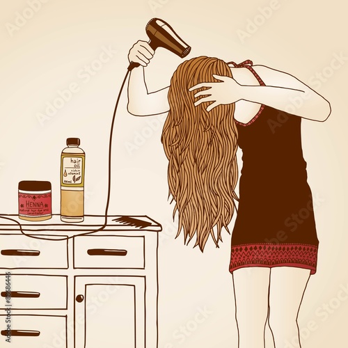 Handgezeichnete Frau beim Haare Fönen