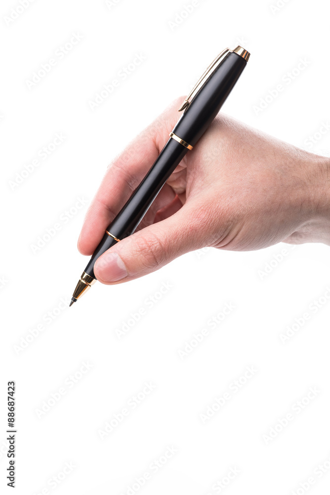 Man holding a black ball pen in his hand, isolated Man holding a black ball pen in his hand, isolated