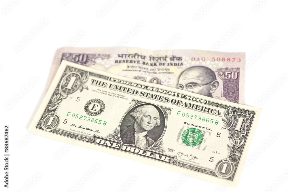 American dollars and Indian rupee banknote American dollars and Indian rupee banknote