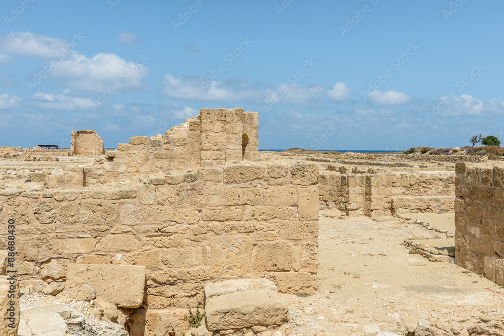 Ancient stone ruins in an archaeological site in Paphos, Cyprus.