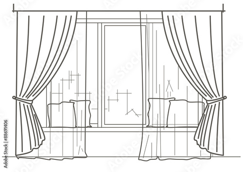 Linear architectural sketch big window with curtains and cushions