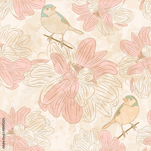 Seamless floral pattern with birds