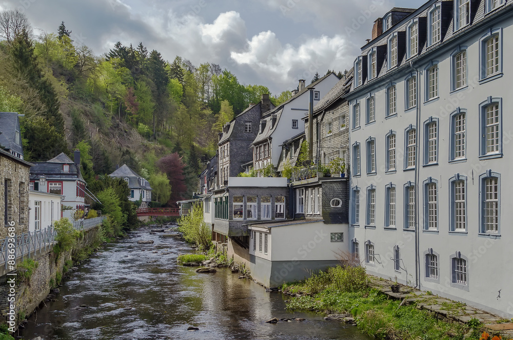 Houses along the Rur river, Monschau, Germany