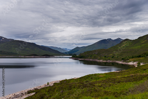 Lake and mountains in cloudy day, Scotland landscape