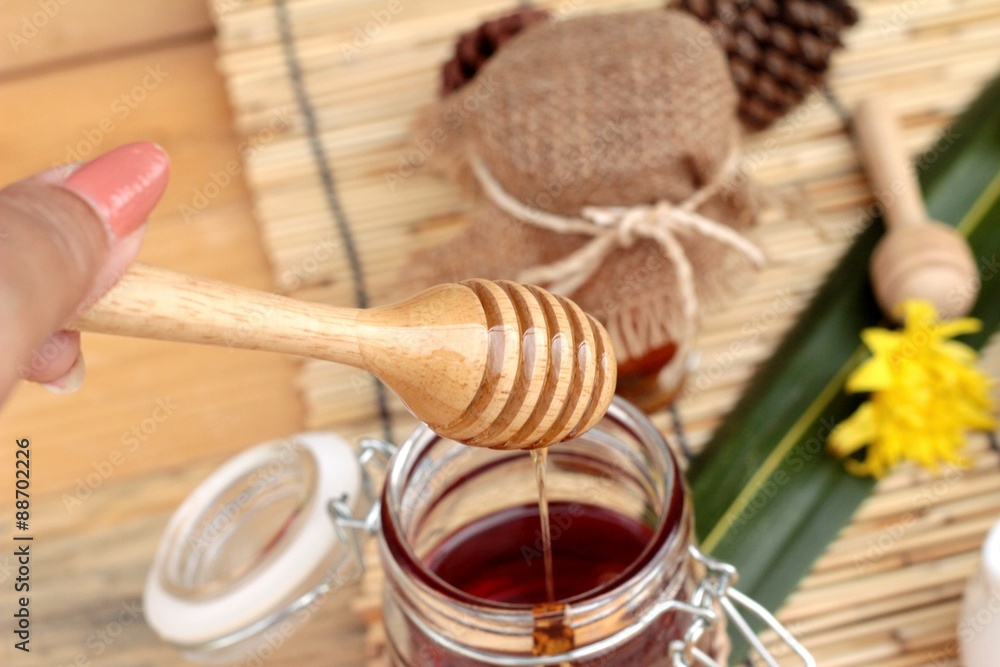 Honey variety with honeycomb and honey in a jar with beeswax. Honey variety with honeycomb and honey in a jar with beeswax.