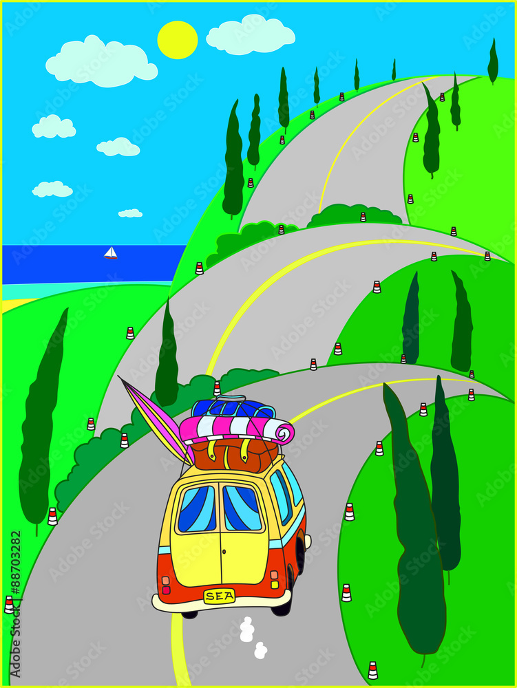 Plakat Travel on vacation to the sea by car poster banner. A trip to the sea by car on the mountain road. Travelling people.