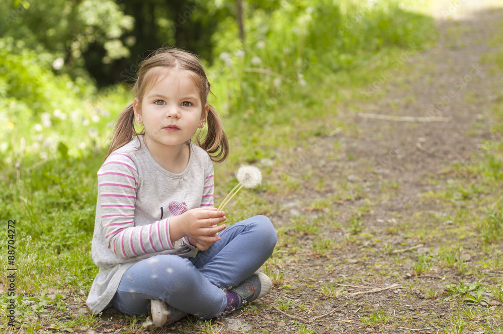 happy girl with yellow flowers, dandelion happy girl with yellow flowers, dandelion