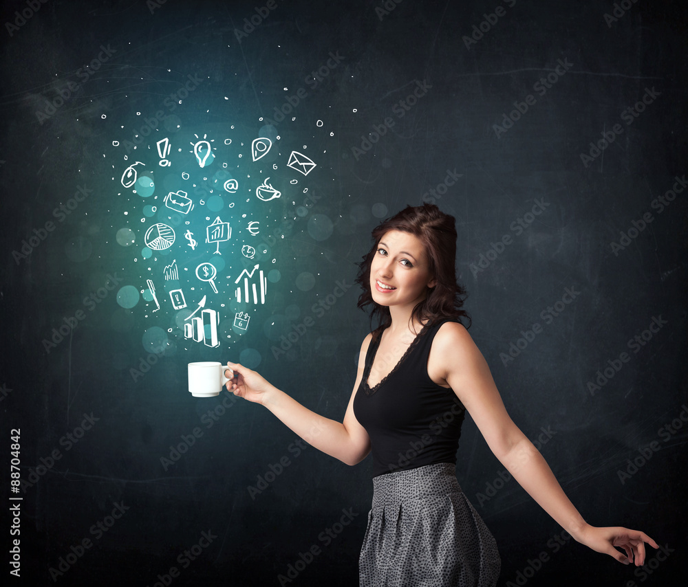 Businesswoman holding a white cup with business icons