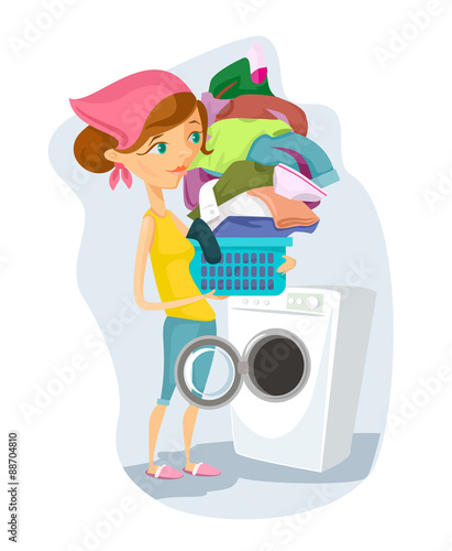 Housewife washes. Vector flat cartoon illustration