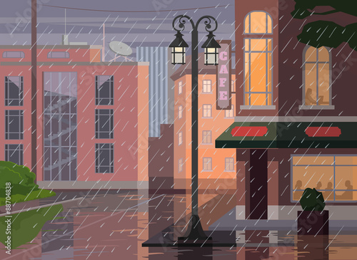 Rainy city. Vector flat cartoon illustration