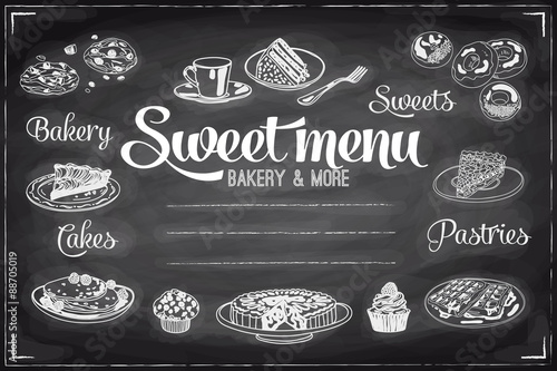 Vector hand drawn breakfast and branch background on chalkboard.