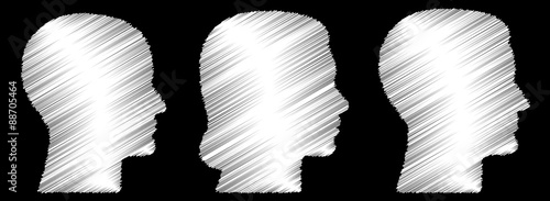 Set: 3 menschliche Vektor-Gesichter im Profil: weiblich, männlich, geschlechtsneutral / Vektor, schraffiert, weiß auf schwarz, Kreidetafel