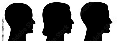 Set: 3 menschliche Vektor-Gesichter im Profil: weiblich, männlich, geschlechtsneutral / schwarz, Vektor, freigestellt