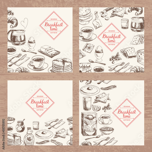 Vector hand drawn breakfast and branch background set. 