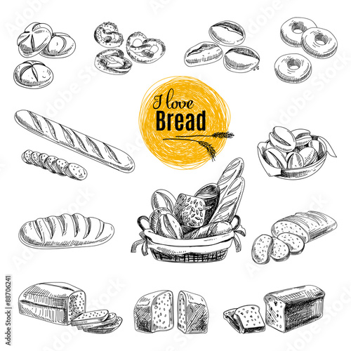 Hand drawn vector set of bakery products. Sketch.