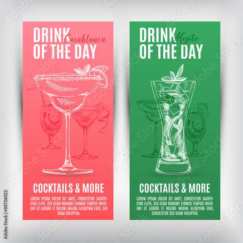 Vector banners set  with hand drawn cocktails. 