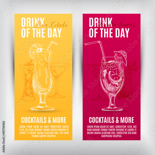 Vector banners set  with hand drawn cocktails. 