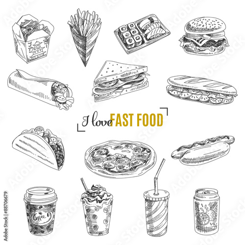 Vector set of fast food. Illustration in sketch style.