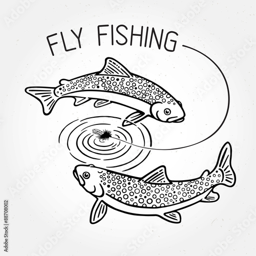 Trout swim around the bait and the inscription: "Fly fishing".