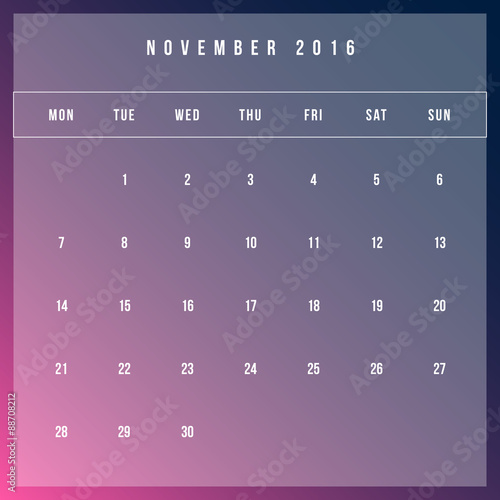 Calendar November 2016 vector design template - Minimalism Style