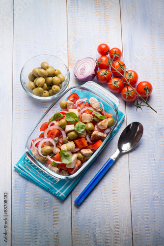 fish salad with swordfish tomatoes green olives and onion