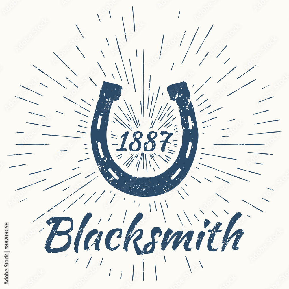 horseshoe and vintage sun burst frame. Blacksmith emblem - obrazy, fototapety, plakaty 