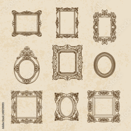 Vector vintage hand drawn set with picture frames. 