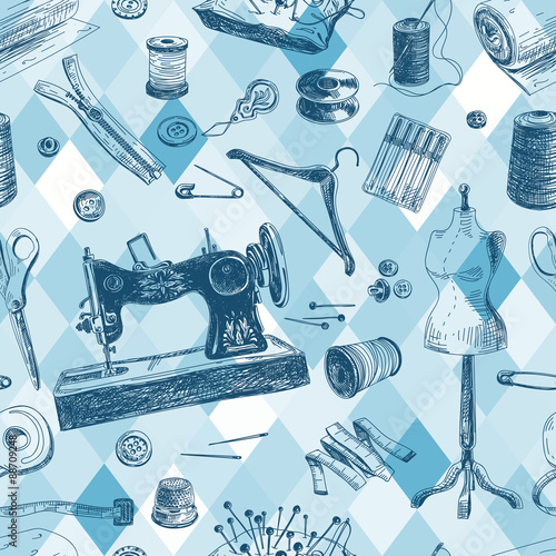 Vector seamless pattern with hand drawn sewing and knitting tool