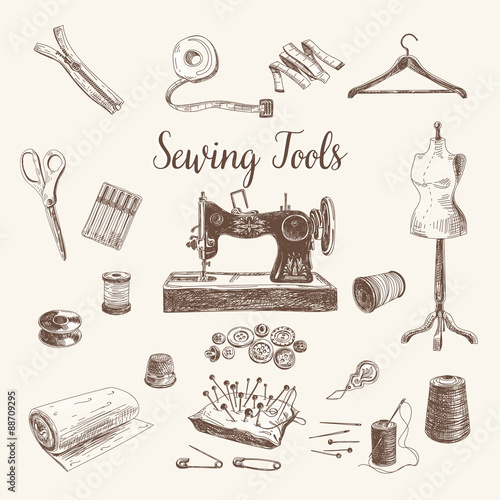 Vector set of highly detailed hand drawn sewing and knitting too