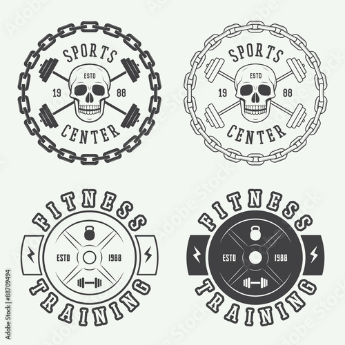 Set of gym logos, labels and badges in vintage style