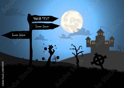 Vector : Zombies and sign with halloween background