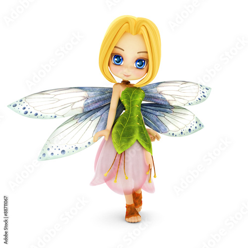 Cute toon fairy with wings smiling on a white isolated background. Part of a little fairy series.