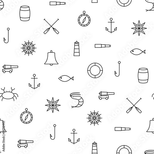 White and black ship & sea line icons seamless vector pattern
