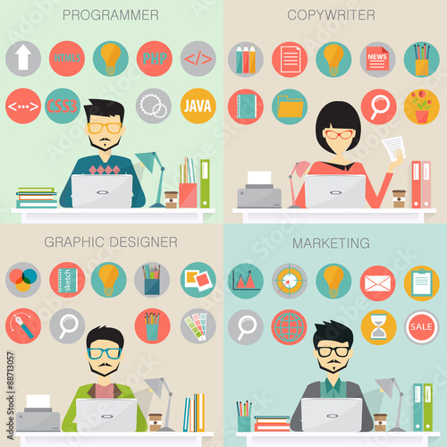 set of freelance jobs copywriter,computer programmer,graphic designer, marketing, flat design style