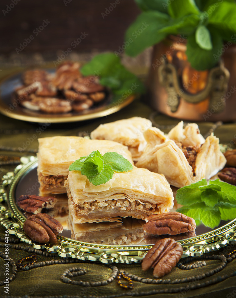 Baklava with honey and nuts. Traditional Turkish dessert.