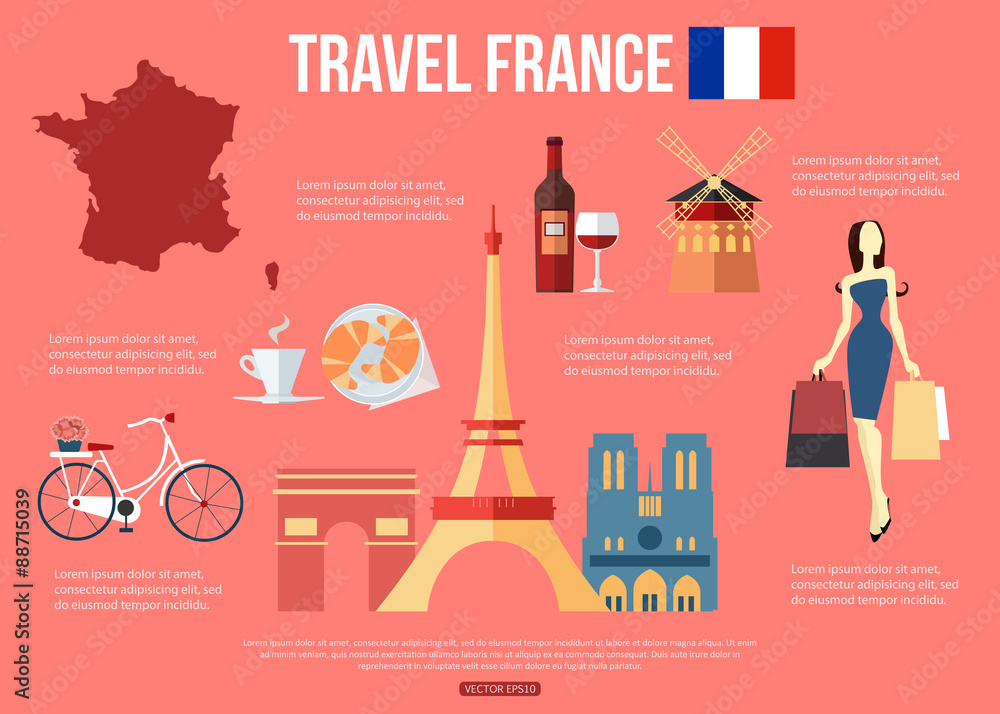 France travel background with place for text. Set of colorful