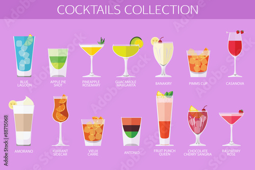 Set of alcohol cocktails icons. Flat style design. 
