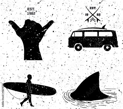 Photography surfing designs, grunge style. Vector