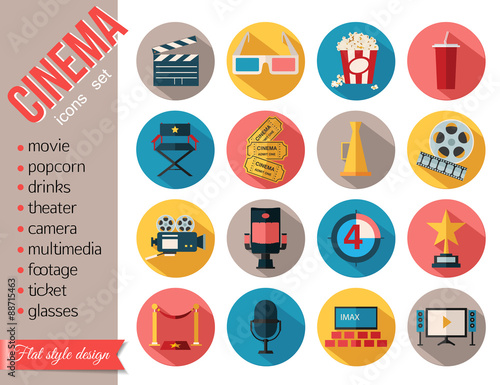 Movie and film icons set. Flat style design. 