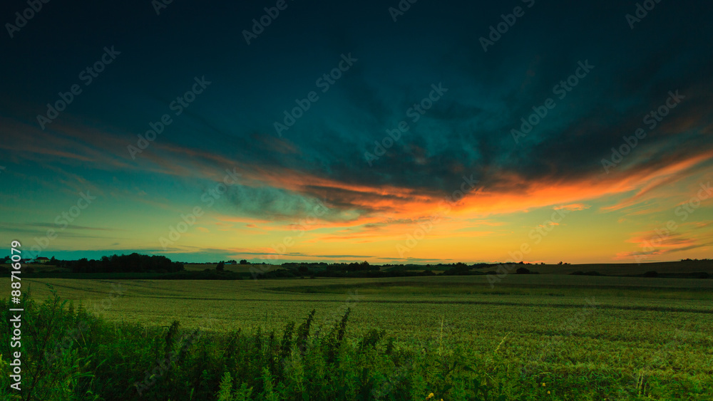 Beautiful sunset on a spring field