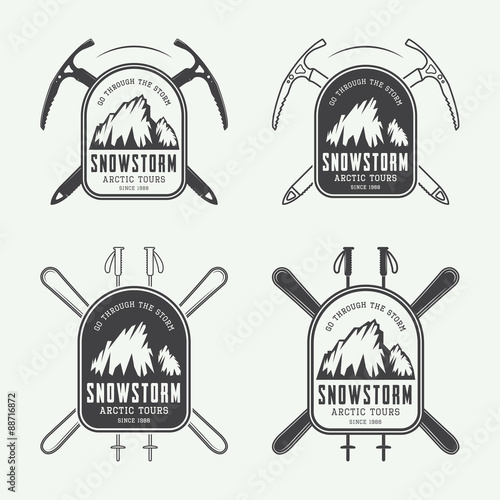 Vintage mountaineering and arctic expeditions logos, badges, emblem
