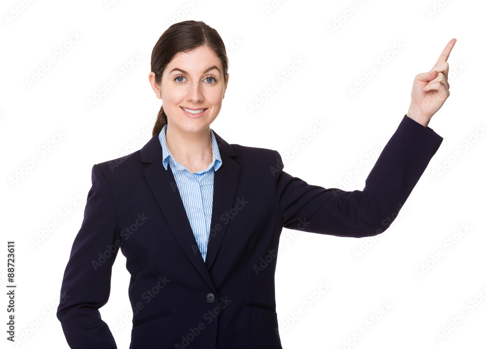 Businesswoman with finger showing up Businesswoman with finger showing up