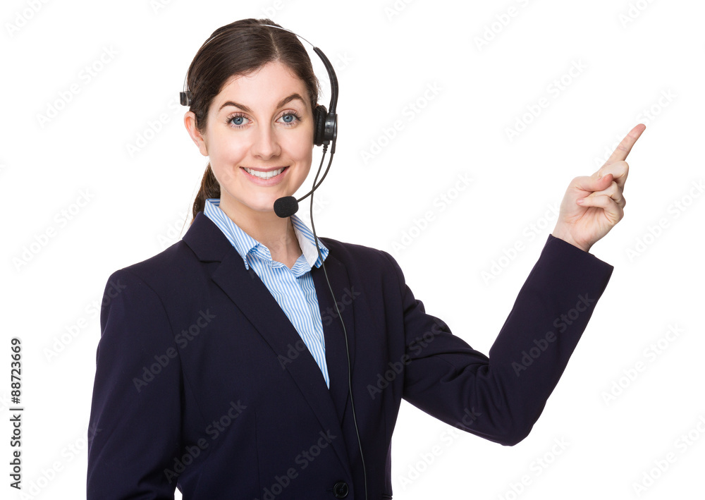 Call center consultant with finger point up Call center consultant with finger point up